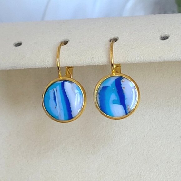 Hand Crafted Boho Gold Blue White Gemstone Marble Circle Drop Dangle Earrings - Picture 7 of 14